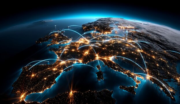 Map of Europe with glowing connections between cities showing global network and digital connectivity on dark blue planetary background