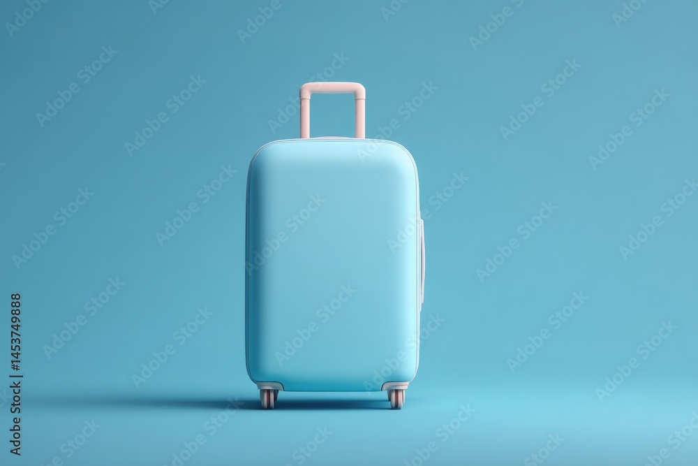 Poster single suitcase standing upright against smooth solid color background with copy space