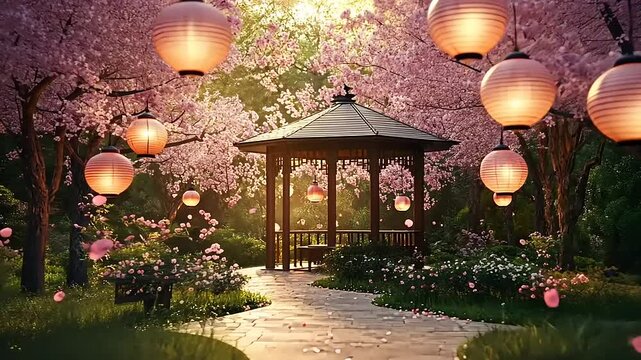 Serene cherry blossom garden with lanterns illuminating a peaceful gazebo pathway at sunset