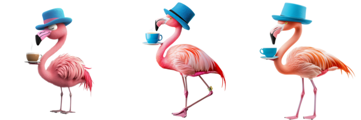 Set of Whimsical cartoon flamingo with bright pink feathers, sporting a wide-brimmed beach hat and cool sunglasses on transparent png background. Ai generated