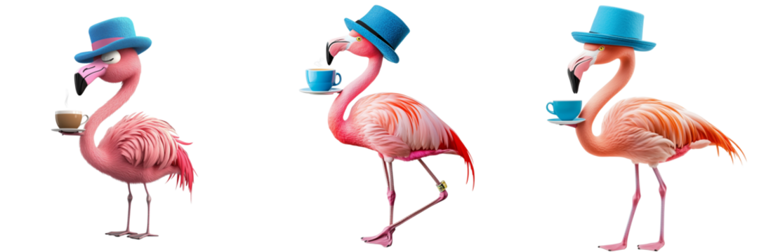 Set of Whimsical cartoon flamingo with bright pink feathers, sporting a wide-brimmed beach hat and cool sunglasses on transparent png background. Ai generated