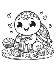 Coloring book kawaii turtle surrounded by seashells and hearts on the sand.
