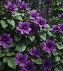 Intense purple petals, lush green leaves, close-up botanical view ,  floral,  wallpaper