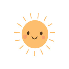 Cute childish sun with bright yellow rays and happy face, perfect for summer designs, weather icons, children’s books, and sunny day illustrations.