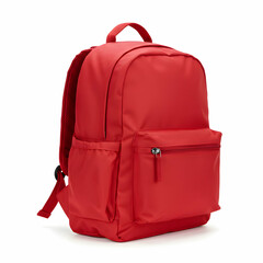 Isolated studio shot showcasing a vibrant red backpack with multiple pockets and adjustable straps