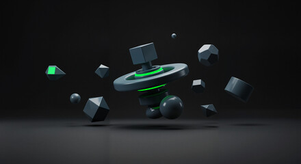 Abstract geometric shapes spinning in dark background  