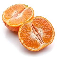 A mandarin sliced cleanly in half, revealing its juicy, segmented interior.