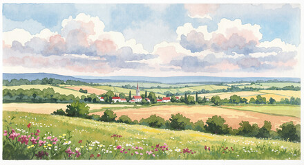 Beautiful countryside landscape with vibrant flowers and hills . Watercolor sample
