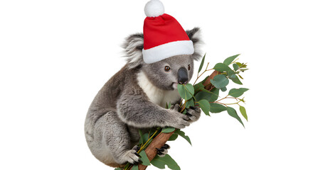 Festive Baby Koala in Red Winter Hat Adorned with White Pompom Clinging to Eucalyptus Branch Isolated on White Background Nibbling Leaves Wildlife Clip Art