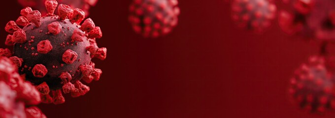 A dramatic close-up of a red virus floating over a blurred background, with vivid red tones creating a strong visual impact, symbolizing the urgent threat posed by viruses in a medical context.