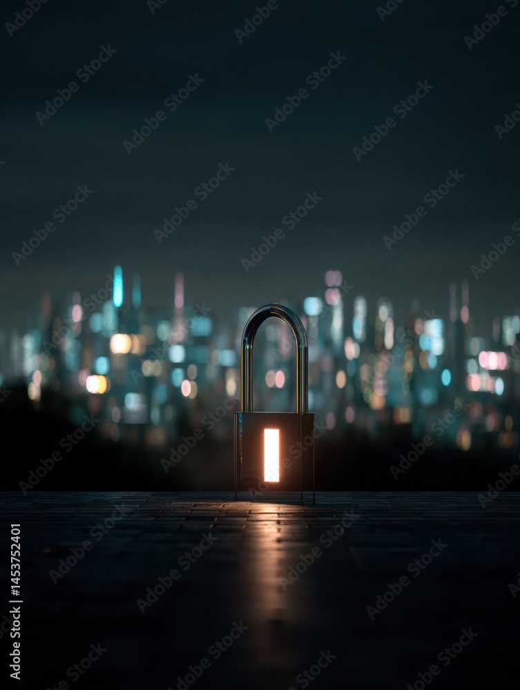 Poster digital padlock illuminates dark city skyline, symbolizing cybersecurity in a moody urban atmosphere