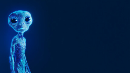 Illustration of a blue alien with large eyes and glowing skin, standing on a dark blue to black gradient background