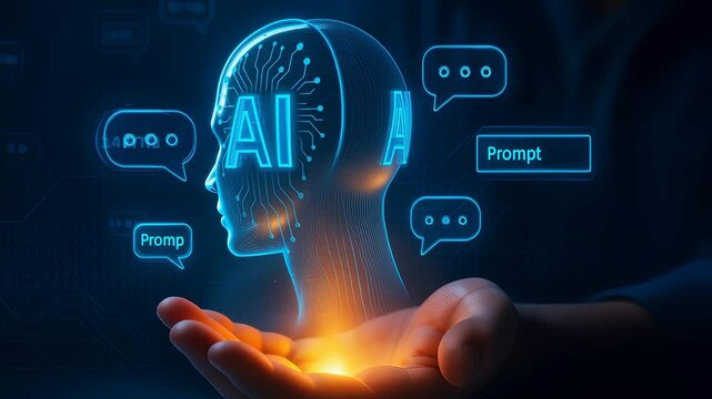 Human Hand Holding AI Head with Digital Prompts Representing Artificial Intelligence Interaction and Chat Technology

