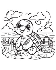 Coloring book turtle on a sandy beach with buckets and toys under a cloudy sky. 