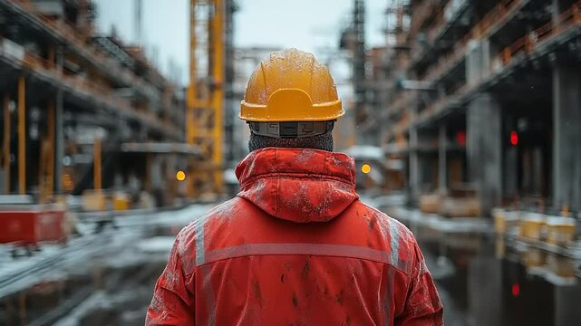 Worker in protective gear overlooking an oil rig construction site in winter