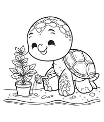 Coloring book turtle watering a potted plant. A cute gardening scene.