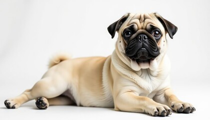 Obraz premium Single pug, relaxed pose against pure white backdrop, one, canine, image