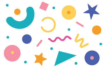 Cheerful array of vibrant geometric shapes floats against a clean white backdrop perfectly
