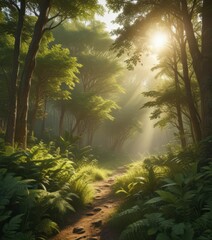 Golden sunlight streams through lush green canopy, illuminating forest floor ,  nature,  rays,  autumn