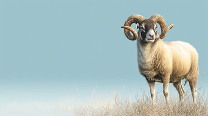 Realistic style sheep with dominant horns, standing in the grass, light blue to white gradient background like morning sky