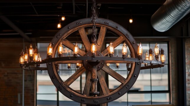 Rustic industrial chandelier.  Large wooden wheel chandelier with Edison bulbs,  hanging from high ceiling