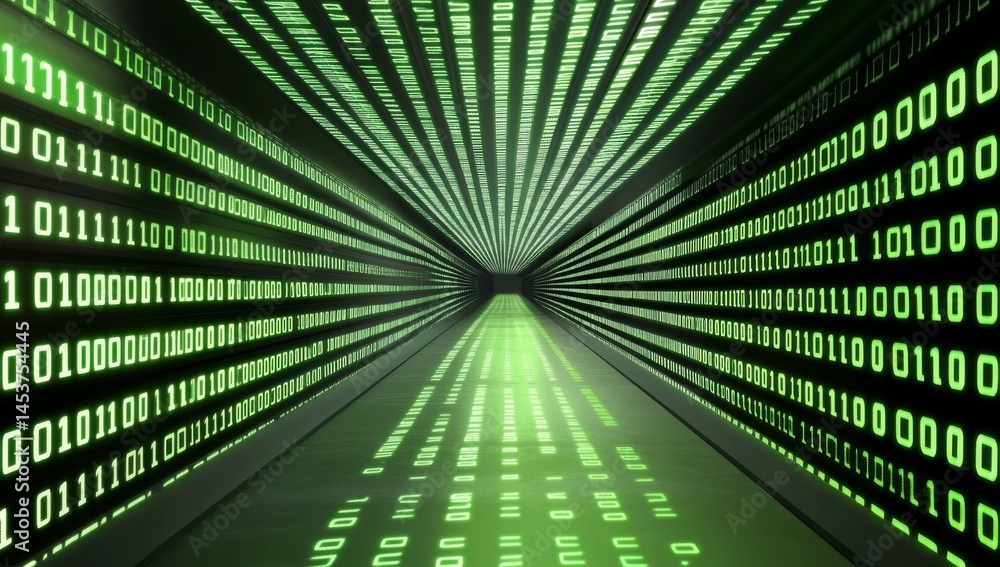 Poster neon lights and binary code digital background for cyberpunk atmosphere