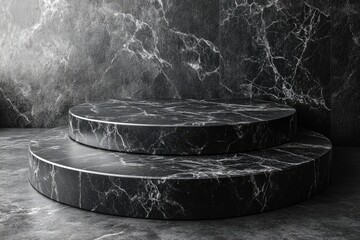 Dark, circular marble podiums on a dark background.