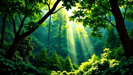 Fototapeta premium Sunlight streams through lush green trees in a vibrant, tranquil forest, illuminating the dense foliage below.