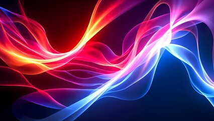 Fototapeta premium Vivid, flowing waves of red, orange, pink, and blue light create an abstract, dynamic digital background.