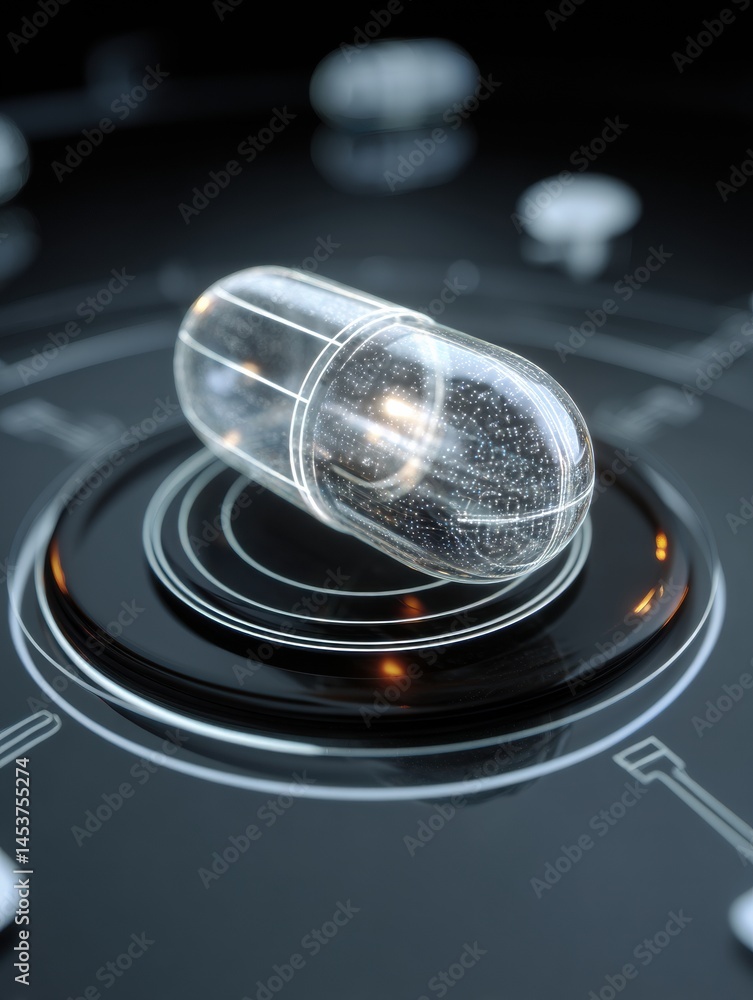Poster digital hologram showing a rotating capsule structure with scientific details displayed in a futuris