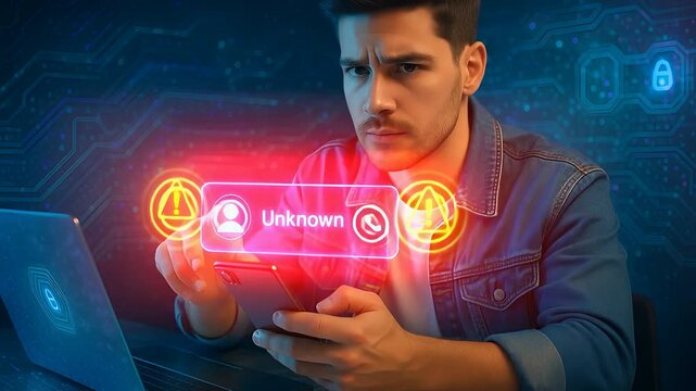 Man Receiving Suspicious Unknown Caller Alert on Smartphone in Futuristic Cybersecurity Interface

