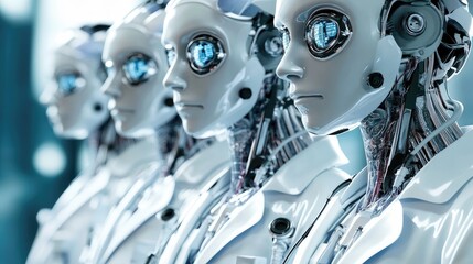 Row of futuristic robots with visible internal mechanisms