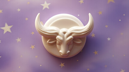 Fototapeta premium A polished, stylized bull head sculpture symbolizing Taurus, mounted on a soft violet background sprinkled with golden stars, emphasizing zodiac elegance.