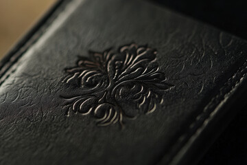 Fototapeta premium Black leather journal with flower design.