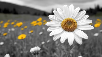 A single white daisy stands out in a field of black and white flowers