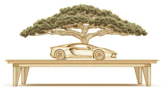 Bonsai Tree Over Car on Wooden Table