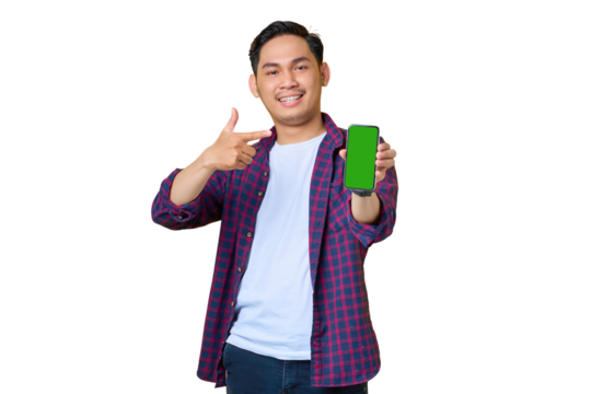 Cheerful young Asian man in plaid shirt showing blank screen smartphone isolated on transparent background - Powered by Adobe