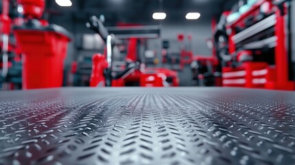 Close-Up of Diamond Plate Metal Flooring in Modern Auto Repair Shop with Red Tool Cabinets and Equipment in Background