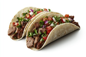 Three delicious tacos filled with seasoned beef, vibrant toppings, and fresh ingredients.