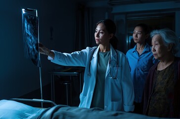 At night in a hospital room, an Asian doctor in white holds an X-ray film, standing beside her elderly mother in bed with a painful expression, with another elderly woman in a blue sweater nearby.