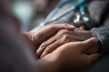 Adult and larger hand gently hold each other, showing emotional support during a stressful doctor’s visit. The medical chart in the background indicates distress, emphasizing love in healing.