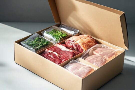 Organized meat selections in a cardboard box.