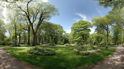 Lush green park with blooming flower beds under a clear blue sky, inviting relaxation and leisure
