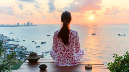 A woman sits in meditation on a wooden platform overlooking a cityscape and the ocean at sunset