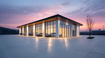 Modern car dealership with large glass windows, illuminated at sunset, featuring parked cars and a minimalist exterior design.