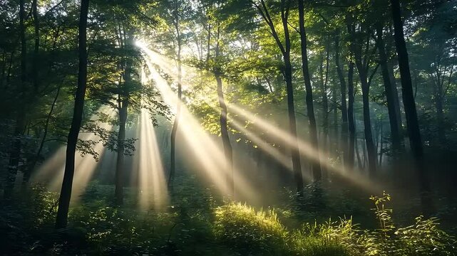 Sunlight streaming through dense forest canopy, illuminating lush undergrowth and creating a serene atmosphere