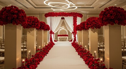 Red rose arch over white aisle with beige pillars at wedding.