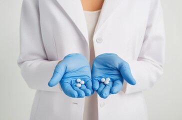 A doctor in a medical gown holding small white pills in blue-gloved hands, focusing on pharmaceutical care and treatment in a clinical setting with a clean white background.