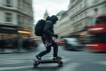 Urban commuter on electric skateboard amidst city bustle.