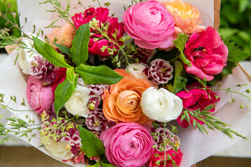 Spring mixed bouquet. Beautiful pastel colored fresh flowers arrangement. Birthday bouquet made of...